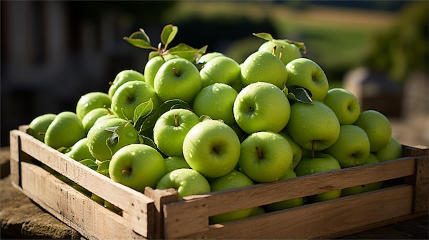 Groene appels in een houten doos op een achtergrond van groene bladeren