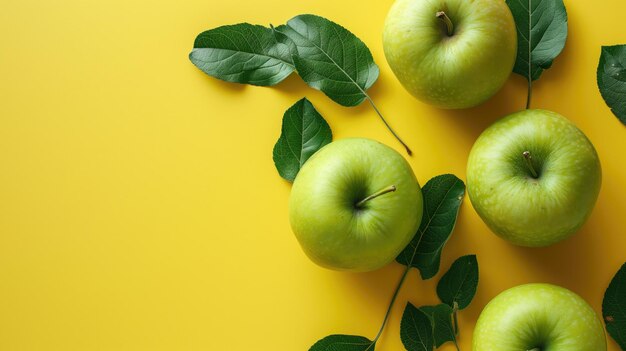 Groene appels met bladeren op een gele achtergrond
