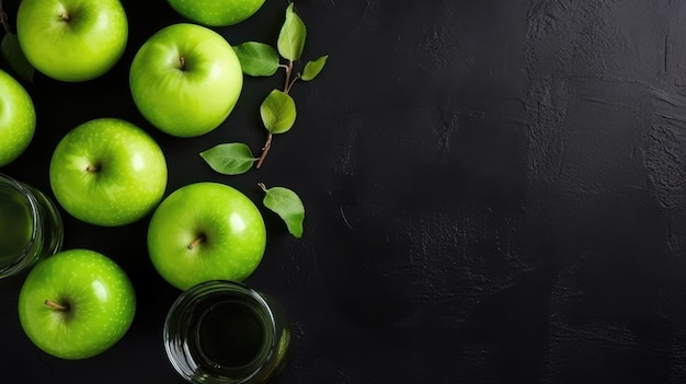 Groene appels op een zwarte achtergrond met een glas water