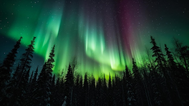 Groene aurora borealis in noorderlichtbossen bomen en hemellandschap generatieve ai