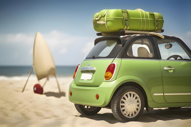 Groene auto met bagage op het strand in de buurt van de oceaan zomervakantie Generatieve AI 1