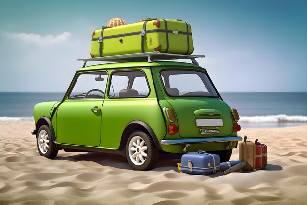 Groene auto met bagage op het strand in de buurt van de oceaan zomervakantie Generatieve AI 2