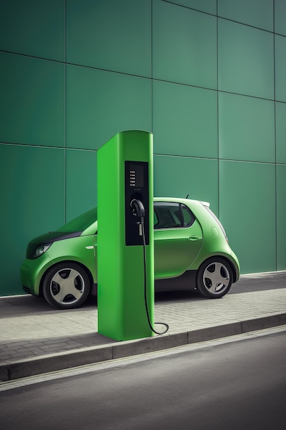 groene auto naast een laadstation voor elektrische voertuigen