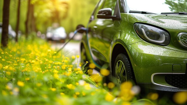 Groene auto rijdt tussen gele bloemen.