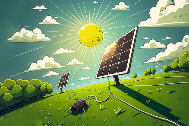 Groene banner ontwerp zonnepaneel energiecentrale tegen een groen veld het concept van het redden van de planeet a