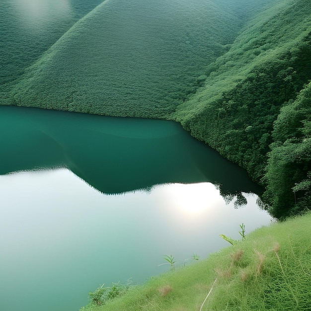 Groene berg met meer natuurlijk landschap