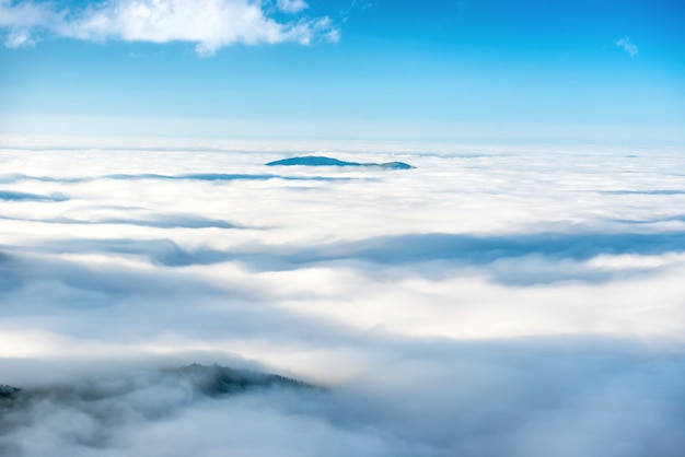 Groene bergtop in de oceaan van wolken