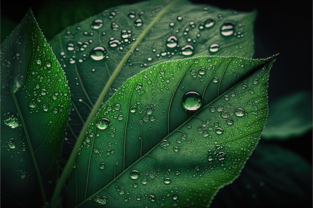 Groene blad achtergrond close-up weergave met dauwdruppels op bladeren Natuur gebladerte abstract van verlof textuur voor het tonen van concept van groene zaken en ecologie voor organische groen achtergrond Generatieve AI