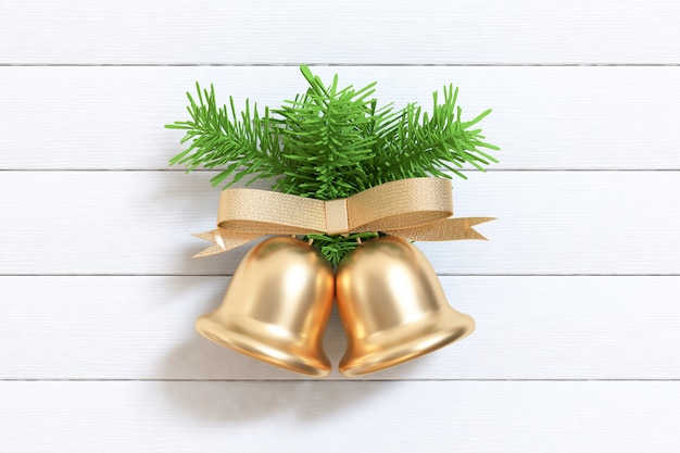 groene blad boom kerstboom met gouden metalen bel boog lint witte houten vloer