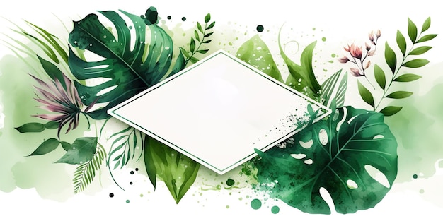 Groene blad frame lege tekst kopie ruimte sjabloon voor spandoek, groene natuurlijke aquarel schilderij banner