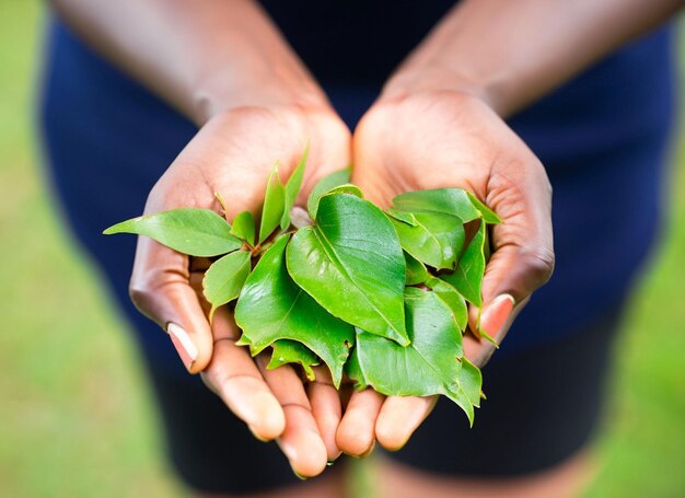 Groene bladeren en aarde planeet in handen generatieve ai