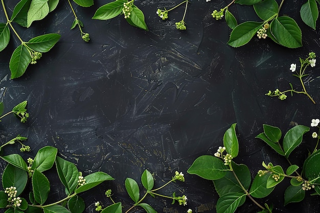 Groene bladeren en bloemen op een donkere achtergrond suggereren een natuurlijke frisse omgeving