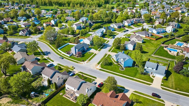 Groene bladeren in de zomer op bomen in een voorstedelijke buurt met kronkelende wegen