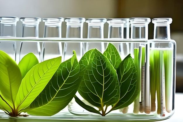 Foto groene bladeren in een glazen pot met steel en beker.