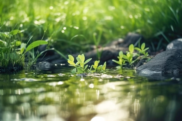 Groene bladeren in water met zonlicht Natuur achtergrond met kopie ruimte Generatieve AI