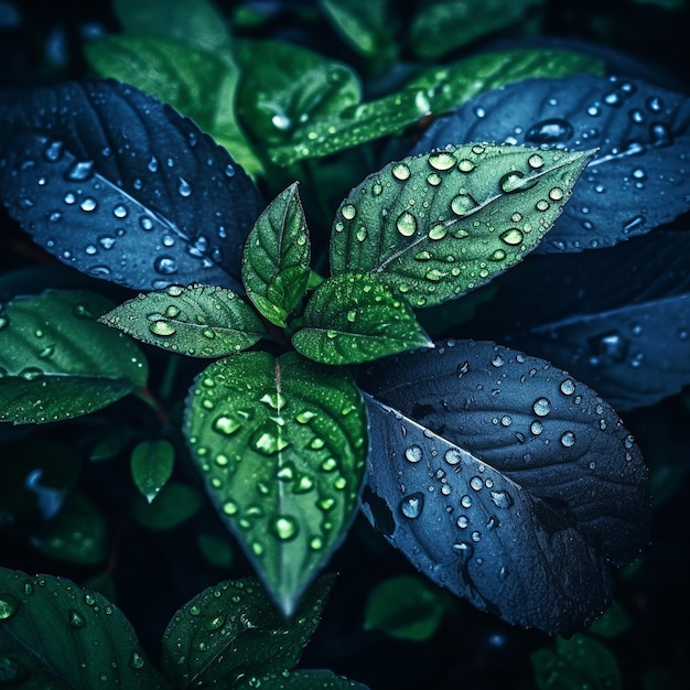 Groene bladeren met waterdruppels erop en de bladeren zijn bedekt met waterdruppels.