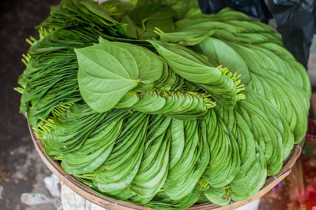 Groene bladeren op de Vietnamese markt.