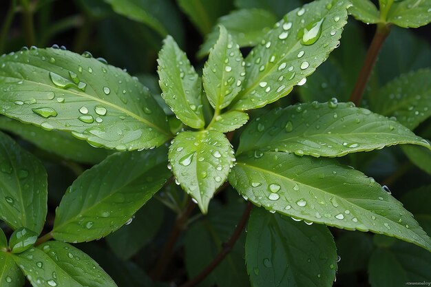 Groene bladeren van een plant met dauwdruppels