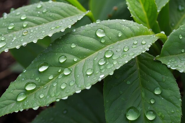 Groene bladeren van een plant met dauwdruppels