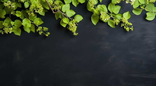 Groene bladeren van een plant op een bord met een zwarte achtergrond.