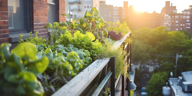 Groene bladeren van sla en salade groeien in de balkontuin van een woonhuis in de stad