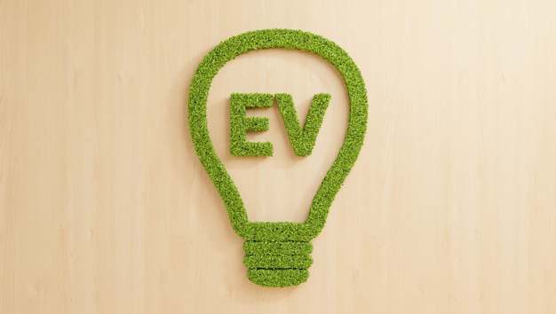 Groene bladeren vormen EV-tekst in gloeilamp op houten muur, creatieve hernieuwbare energie voor schone elektrische voertuigen business idee concept achtergrond, 3D illustratie eco vriendelijke blad groeien