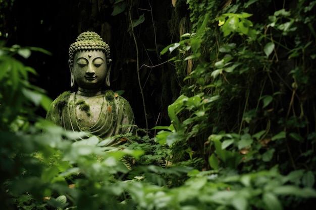 Groene bladvoorgrond met staande Boeddha