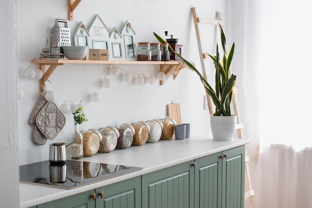 Groene bloem in de keuken Witte Scandinavische keuken Granen staan in glazen potten op het aanrecht