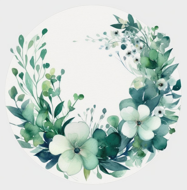 Groene bloemen krans met witte cirkel aquarel tekenen met takken generatieve AI
