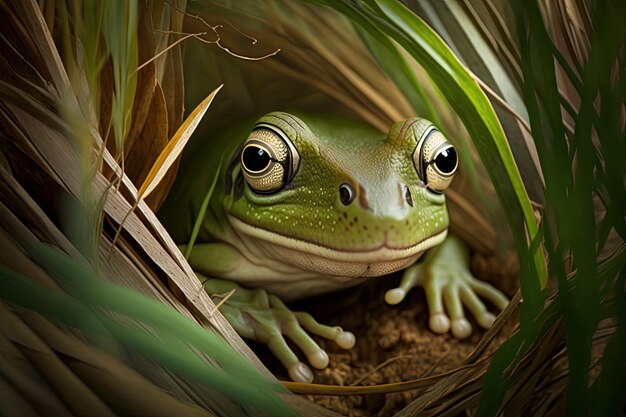 Groene boomkikker in het gras die uit de takken op de bosbodem gluurt, gemaakt met generatieve ai