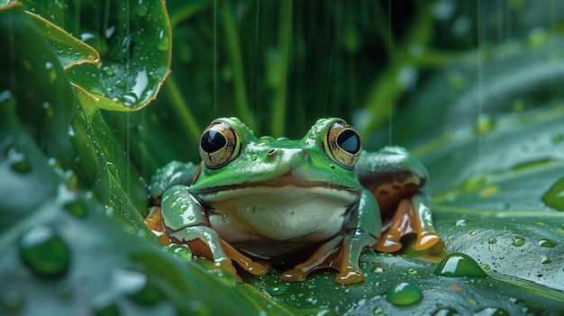 Groene boomkikker zit op een blad met regendruppels in de regen