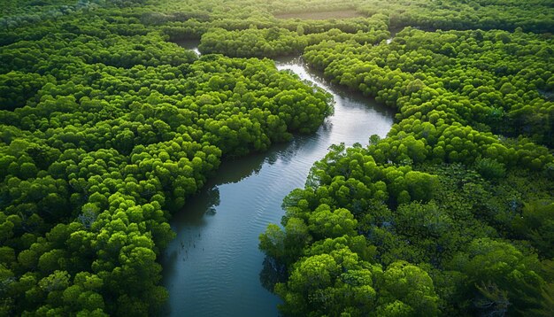 Groene bossen en blauwe rivier AI gegenereerd