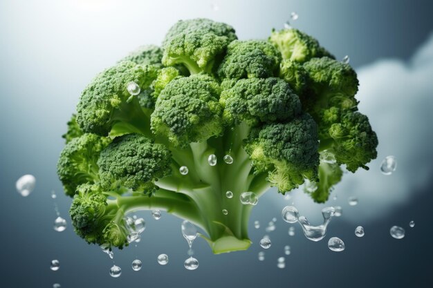 Foto groene broccoli leviteert op een witte achtergrond achtergrond generatieve ia