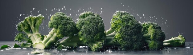 Groene Broccolies Druppels Staande Op Zwarte Mat Achtergrond Panoramische Banner Generatieve AI