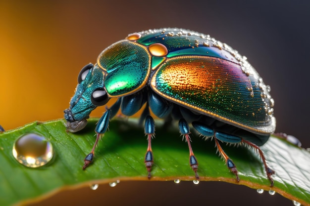 Groene bug zittend op een blad met druppels water erop Macro