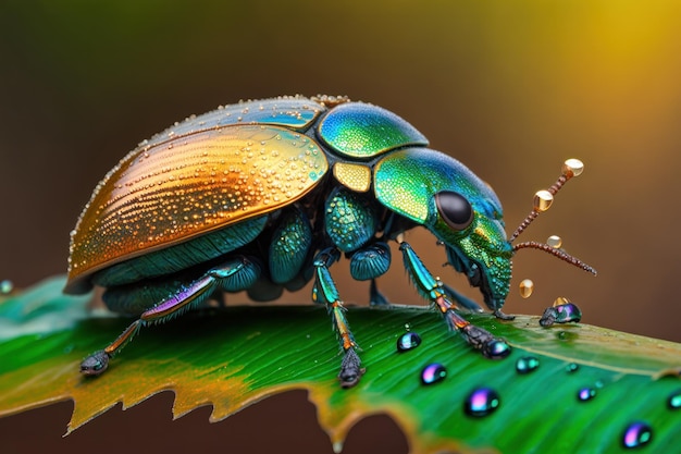 Groene bug zittend op een blad met druppels water erop Macro