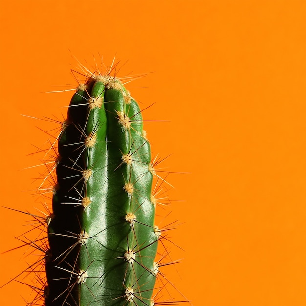 Groene cactus op een oranje achtergrond. minimalisme en felle kleurencombinaties. kamerplanten voor het interieur.