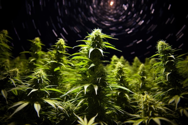 groene cannabisplanten op sterrenhemel achtergrond generatieve ai