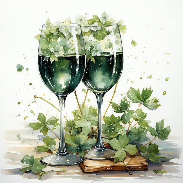 Groene Champagneglazen Roosteren Aquarel Clipart