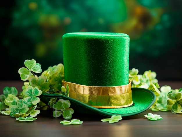 Groene cilinder hoed shamrocks voor st patrick's day op donkere houten achtergrond