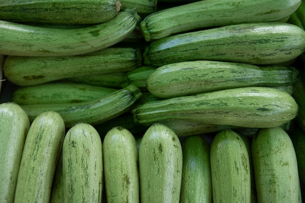 Groene courgette. Langwerpige groene groente. Vers geplukte groene courgette aangeboden op de openluchtmarkt. Zomer squash