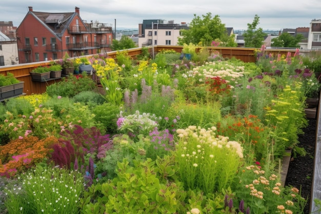 Groene daktuin met kleurrijke bloemen en kruiden gemaakt met generatieve AI