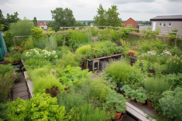 Groene daktuin met verschillende planten en bloemen zichtbaar gemaakt met generatieve AI