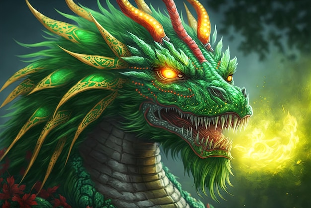 Groene draak portret mysterieus monster uit farytales en symbool van 2024 maanjaar in Chinese kalender Gegenereerde AI