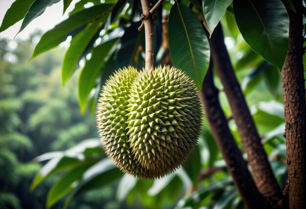 Groene durian hangt aan de boom in afwachting van rijping om zijn kenmerkende geur en smaak te onthullen