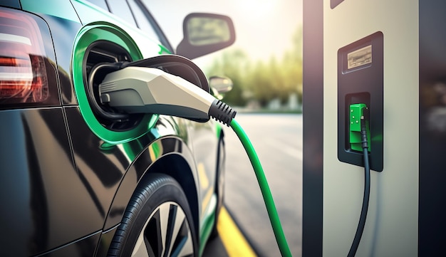 Groene elektrische auto bij een benzinestation Generatieve AI
