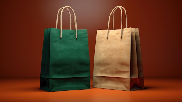 Groene en beige paperbags op oranje achtergrond