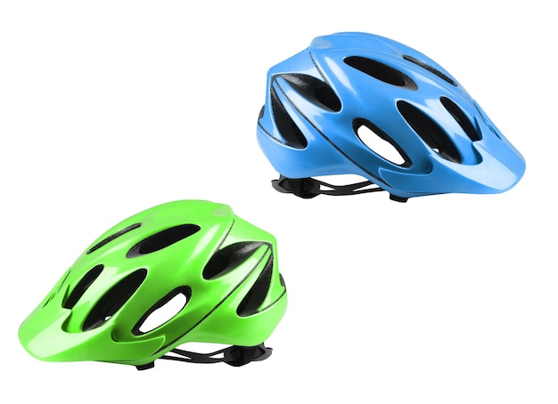 Groene en blauwe fietshelmen