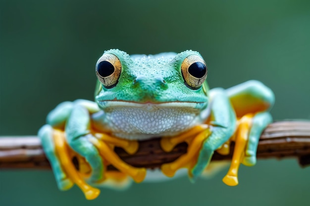 Groene en gele kikker met grote ogen zit op een tak