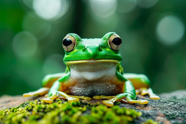 Groene en gele kikker zit op een rots met mos die erop groeit